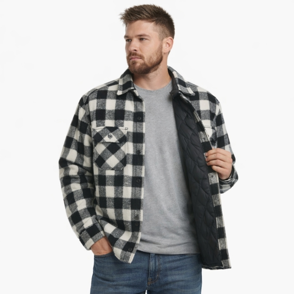 Brewster Wool Linen Black and White Quilted Checkered Plaid Shacket Men's Large